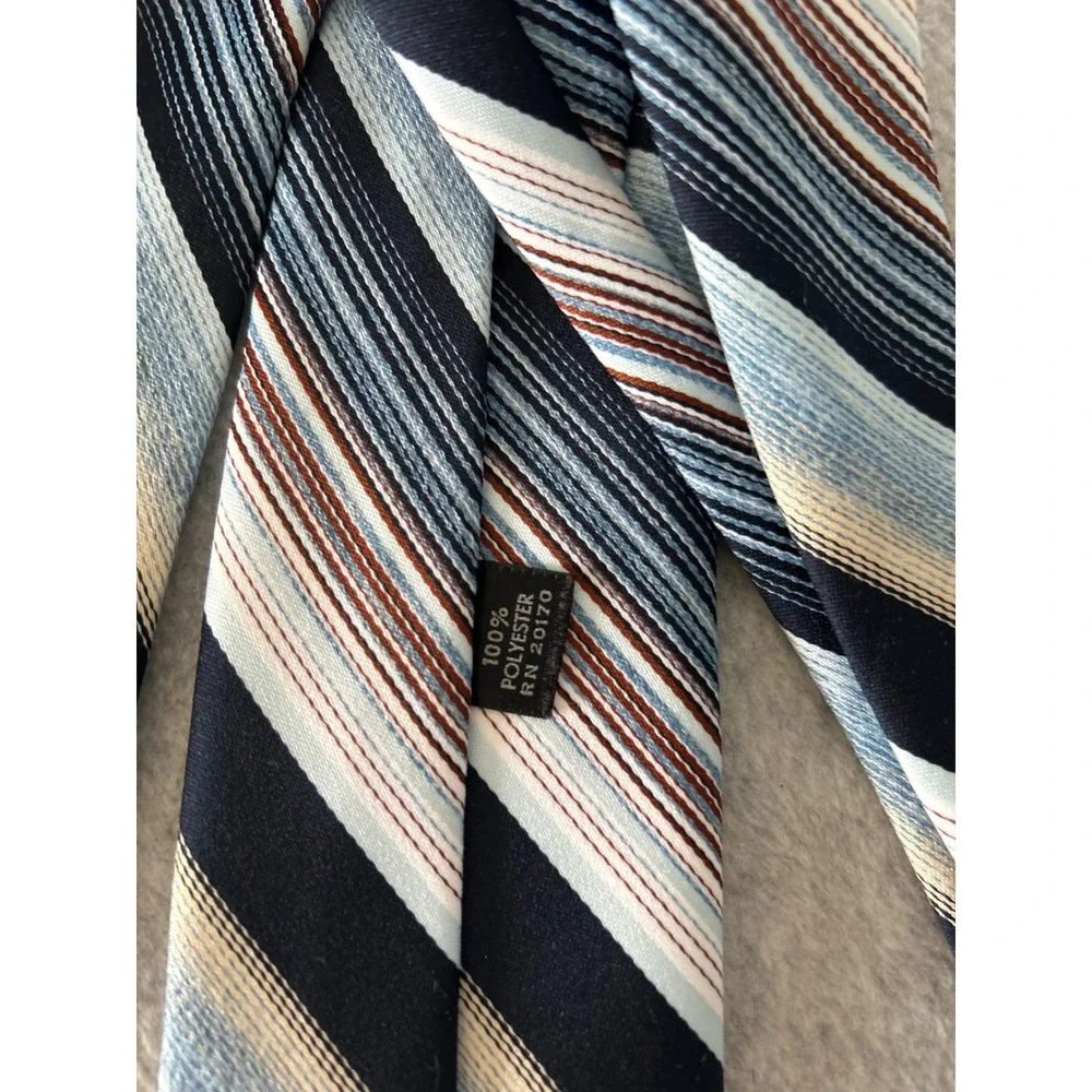 Velducci Mens Navy Blue Light Blue Cream‎ Striped Polyester Necktie RN 20170